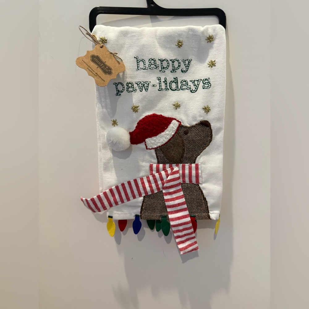 LAST ONE!! Adorable Mud Pie Festive Dog “Happy Paw-lidays” Kitchen Towel- NWT